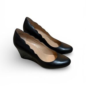 Kelly & Katie Black Leather Scalloped Wedges